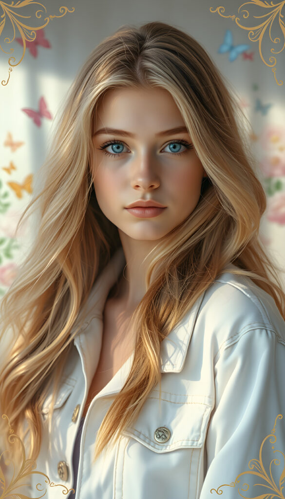 A whimsical pastel painting featuring a young woman with long, flowing light blonde hair adorned with playful brown highlights that curl at the ends. Her bright blue eyes shimmer like the morning sky, set against a backdrop of soft, ethereal colors. She wears a white denim jacket that catches the sunlight, casting a gentle glow. The composition includes a dreamy blend of pastel pinks, blues, and greens, with subtle floral motifs and butterflies, creating a serene and enchanting atmosphere. The image is framed by a delicate, golden filigree, enhancing the whimsical and enchanting theme.
