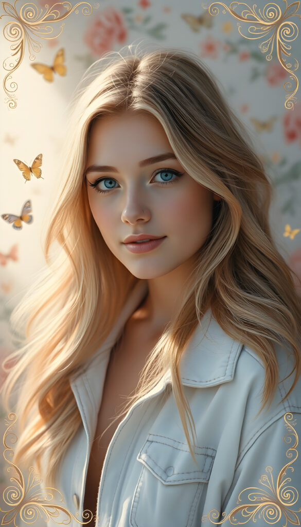 A whimsical pastel painting featuring a young woman with long, flowing light blonde hair adorned with playful brown highlights that curl at the ends. Her bright blue eyes shimmer like the morning sky, set against a backdrop of soft, ethereal colors. She wears a white denim jacket that catches the sunlight, casting a gentle glow. The composition includes a dreamy blend of pastel pinks, blues, and greens, with subtle floral motifs and butterflies, creating a serene and enchanting atmosphere. The image is framed by a delicate, golden filigree, enhancing the whimsical and enchanting theme.