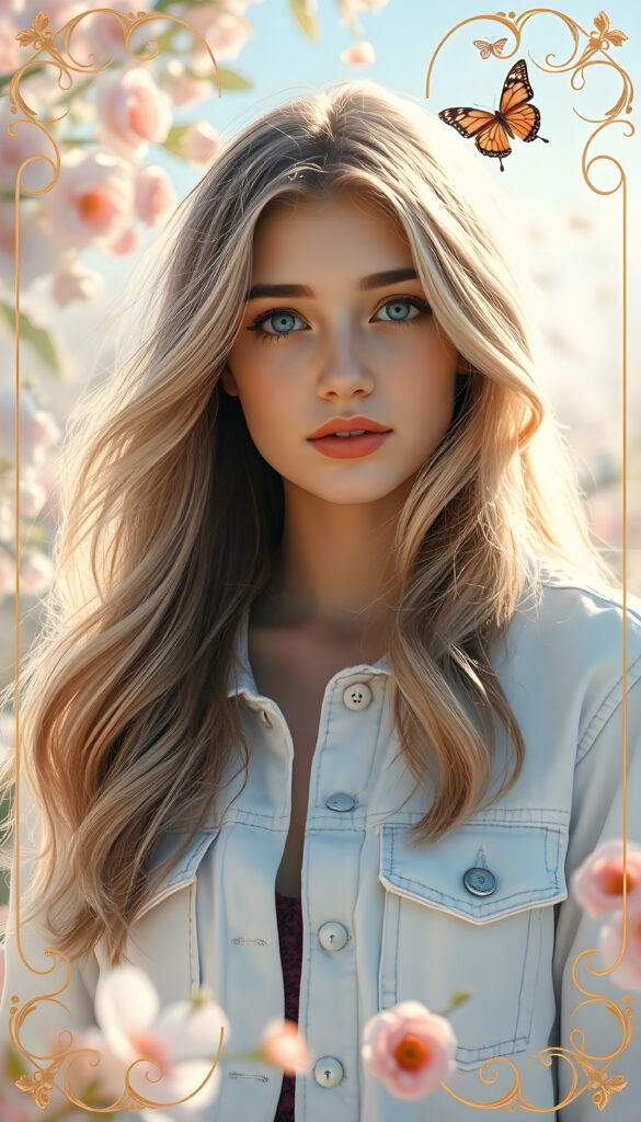 A whimsical pastel painting featuring a young woman with long, flowing light blonde hair adorned with playful brown highlights that curl at the ends. Her bright blue eyes shimmer like the morning sky, set against a backdrop of soft, ethereal colors. She wears a white denim jacket that catches the sunlight, casting a gentle glow. The composition includes a dreamy blend of pastel pinks, blues, and greens, with subtle floral motifs and butterflies, creating a serene and enchanting atmosphere. The image is framed by a delicate, golden filigree, enhancing the whimsical and enchanting theme.
