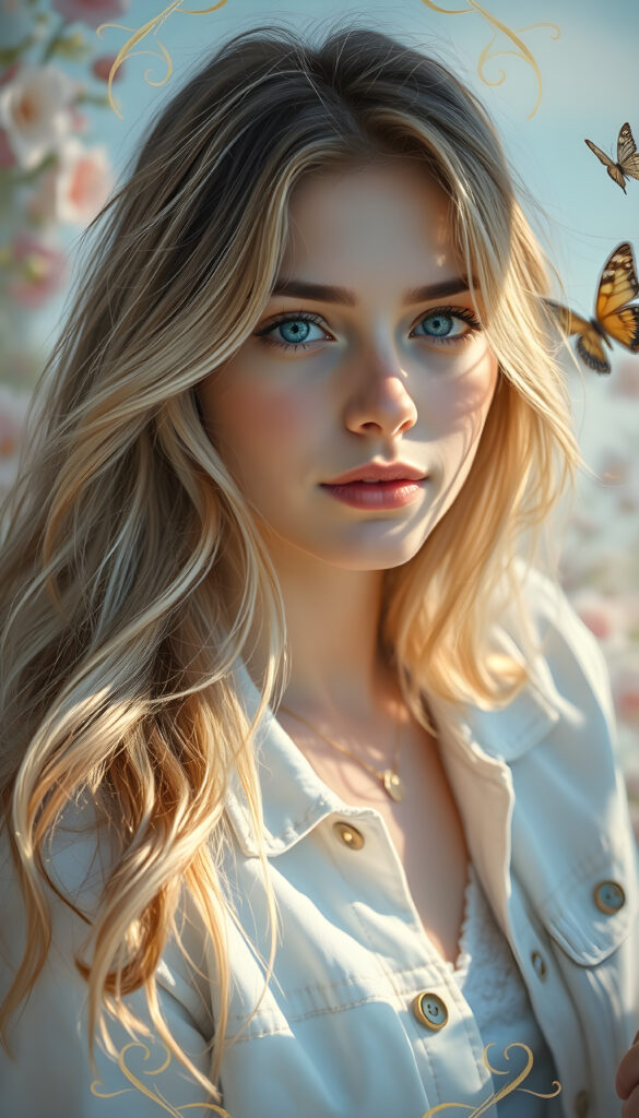 A whimsical pastel painting featuring a young woman with long, flowing light blonde hair adorned with playful brown highlights that curl at the ends. Her bright blue eyes shimmer like the morning sky, set against a backdrop of soft, ethereal colors. She wears a white denim jacket that catches the sunlight, casting a gentle glow. The composition includes a dreamy blend of pastel pinks, blues, and greens, with subtle floral motifs and butterflies, creating a serene and enchanting atmosphere. The image is framed by a delicate, golden filigree, enhancing the whimsical and enchanting theme.