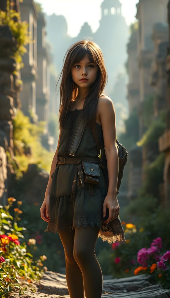 A whimsical portrait of a tomboyish young girl with tanned skin and shoulder long, straight brunette hair adorned with freckles, wearing a cute, elaborate dress and leggings. She stands confidently in an ancient, mystical city with towering stone structures, lush greenery, and vibrant flowers surrounding her. The scene is bathed in a warm, golden sunlight, casting a magical glow over the ruins and the curious explorer.