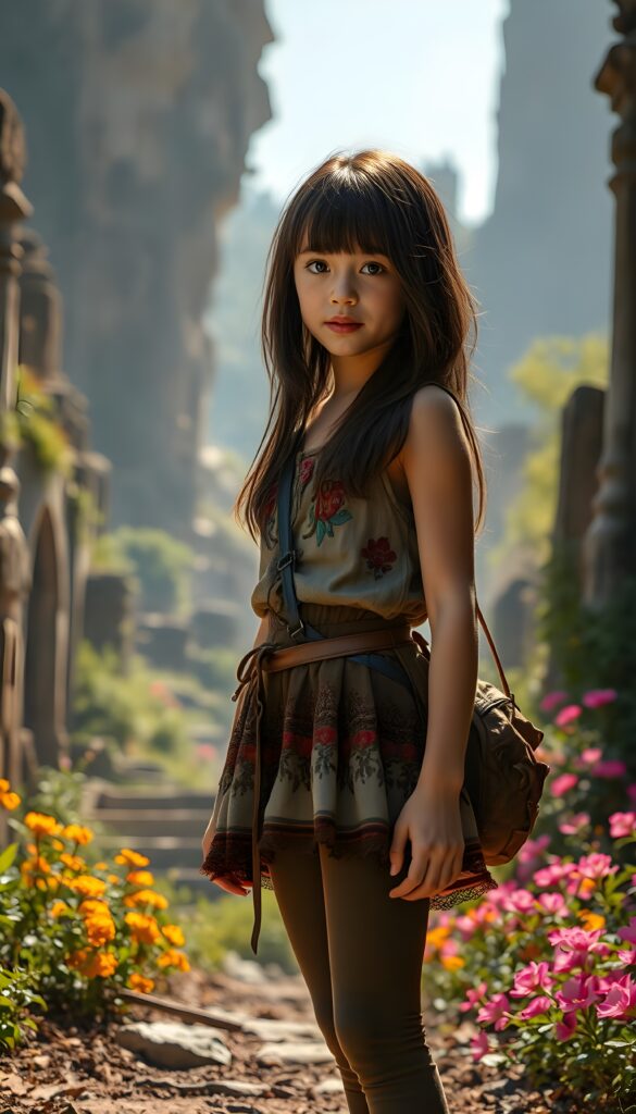 A whimsical portrait of a tomboyish young girl with tanned skin and shoulder long, straight brunette hair adorned with freckles, wearing a cute, elaborate dress and leggings. She stands confidently in an ancient, mystical city with towering stone structures, lush greenery, and vibrant flowers surrounding her. The scene is bathed in a warm, golden sunlight, casting a magical glow over the ruins and the curious explorer.