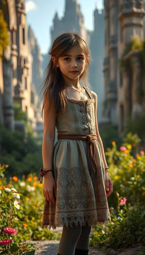 A whimsical portrait of a tomboyish young girl with tanned skin and shoulder long, straight brunette hair adorned with freckles, wearing a cute, elaborate dress and leggings. She stands confidently in an ancient, mystical city with towering stone structures, lush greenery, and vibrant flowers surrounding her. The scene is bathed in a warm, golden sunlight, casting a magical glow over the ruins and the curious explorer.