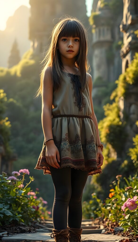 A whimsical portrait of a tomboyish young girl with tanned skin and shoulder long, straight brunette hair adorned with freckles, wearing a cute, elaborate dress and leggings. She stands confidently in an ancient, mystical city with towering stone structures, lush greenery, and vibrant flowers surrounding her. The scene is bathed in a warm, golden sunlight, casting a magical glow over the ruins and the curious explorer.