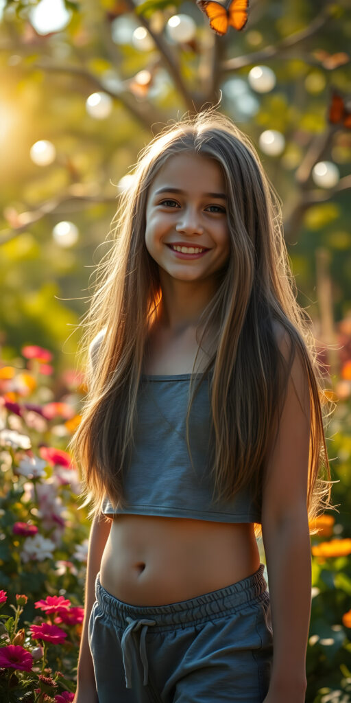 A whimsical scene featuring a radiant young girl with a charming smile, wearing a soft grey crop top and stylish grey shorts. Her long, straight hair flows gracefully as she stands in a vibrant, colorful garden. The sun casts a warm, golden light, highlighting her youthful energy. In the background, butterflies flutter around a magical tree with glowing orbs, creating a dreamy, enchanting atmosphere. The girl's silhouette is enhanced by a subtle, ethereal glow, making her appear as if she's part of a fairy tale.