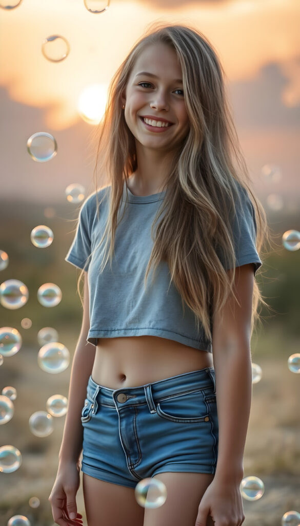 A whimsical scene where a young woman with long, soft, golden hair stands confidently in the foreground, her blue short denim jeans contrasting against the soft grey of her cropped t-shirt. She has a cute round belly button. She is surrounded by a magical cascade of iridescent soap bubbles that float and shimmer in the air, creating a sense of wonder and enchantment. The background is a dreamy, pastel-colored landscape with fluffy clouds and a soft, golden sunset, casting a warm glow over the entire scene. The lighting is soft and ethereal, enhancing the magical atmosphere. The girl's expression is one of joy and curiosity, capturing the viewer's imagination and inviting them into this enchanting world.