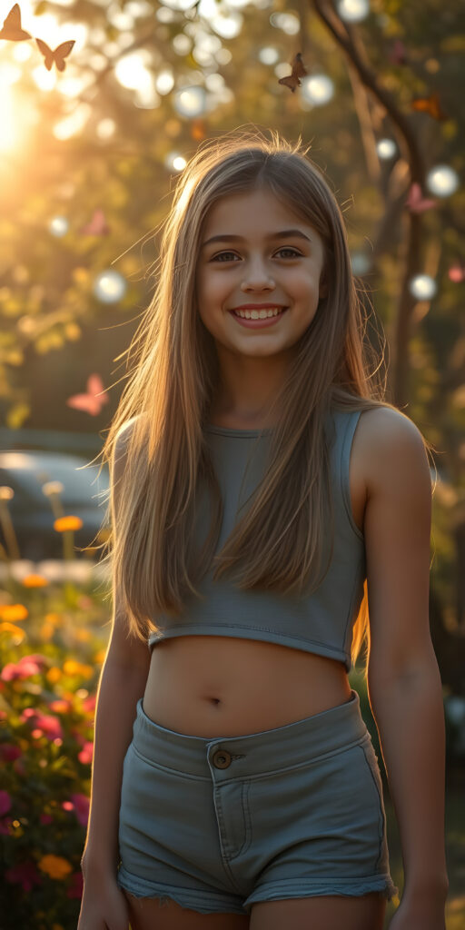 A whimsical scene featuring a radiant young girl with a charming smile, wearing a soft grey crop top and stylish grey shorts. Her long, straight hair flows gracefully as she stands in a vibrant, colorful garden. The sun casts a warm, golden light, highlighting her youthful energy. In the background, butterflies flutter around a magical tree with glowing orbs, creating a dreamy, enchanting atmosphere. The girl's silhouette is enhanced by a subtle, ethereal glow, making her appear as if she's part of a fairy tale.