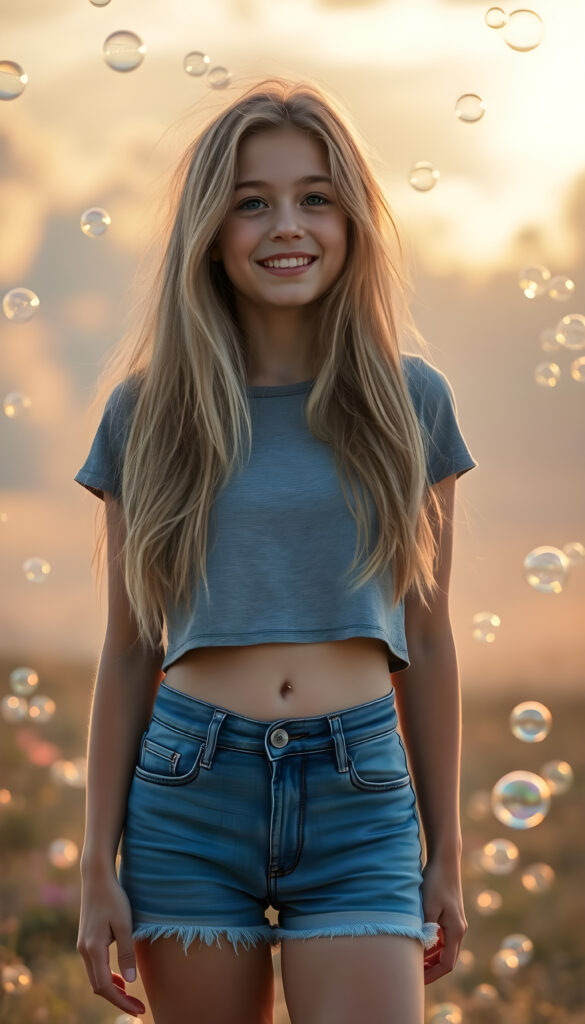 A whimsical scene where a young woman with long, soft, golden hair stands confidently in the foreground, her blue short denim jeans contrasting against the soft grey of her cropped t-shirt. She has a cute round belly button. She is surrounded by a magical cascade of iridescent soap bubbles that float and shimmer in the air, creating a sense of wonder and enchantment. The background is a dreamy, pastel-colored landscape with fluffy clouds and a soft, golden sunset, casting a warm glow over the entire scene. The lighting is soft and ethereal, enhancing the magical atmosphere. The girl's expression is one of joy and curiosity, capturing the viewer's imagination and inviting them into this enchanting world.