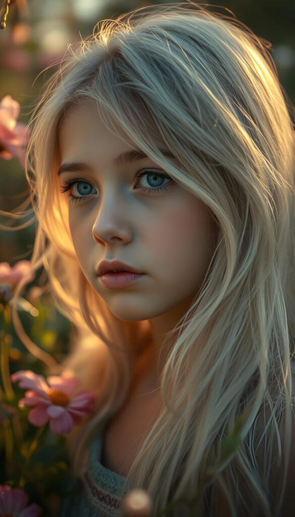 A whimsical scene featuring a young girl with flowing silver hair, her delicate face framed by gentle waves. Her flawless skin glows softly in the warm, golden light that highlights her deep blue, luminous eyes. She gazes dreamily into the distance, surrounded by a lush, ethereal garden with vibrant flowers and softly glowing orbs. The image radiates a serene, magical ambiance with a touch of fairy-tale enchantment, blending soft pastels and rich, warm hues for a captivating, otherworldly effect.