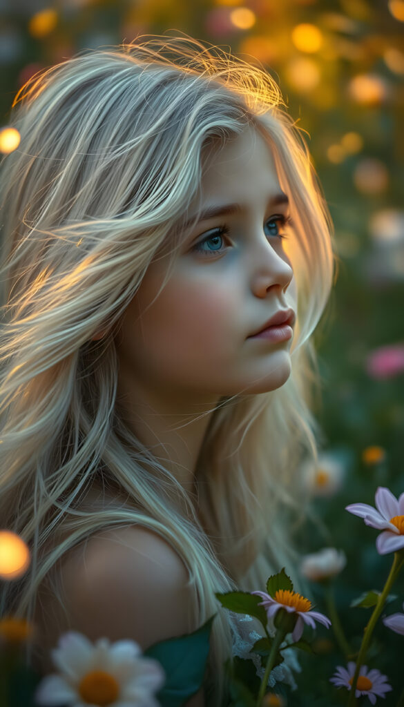 A whimsical scene featuring a young girl with flowing silver hair, her delicate face framed by gentle waves. Her flawless skin glows softly in the warm, golden light that highlights her deep blue, luminous eyes. She gazes dreamily into the distance, surrounded by a lush, ethereal garden with vibrant flowers and softly glowing orbs. The image radiates a serene, magical ambiance with a touch of fairy-tale enchantment, blending soft pastels and rich, warm hues for a captivating, otherworldly effect.