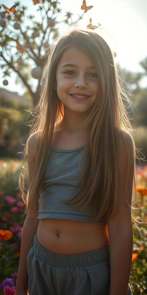 A whimsical scene featuring a radiant young girl with a charming smile, wearing a soft grey crop top and stylish grey shorts. Her long, straight hair flows gracefully as she stands in a vibrant, colorful garden. The sun casts a warm, golden light, highlighting her youthful energy. In the background, butterflies flutter around a magical tree with glowing orbs, creating a dreamy, enchanting atmosphere. The girl's silhouette is enhanced by a subtle, ethereal glow, making her appear as if she's part of a fairy tale.