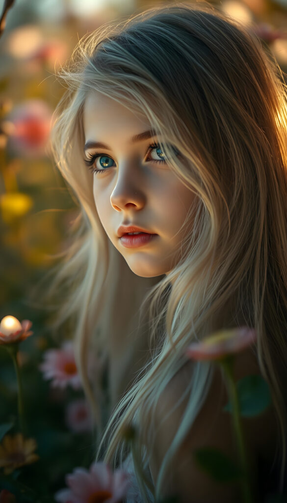 A whimsical scene featuring a young girl with flowing silver hair, her delicate face framed by gentle waves. Her flawless skin glows softly in the warm, golden light that highlights her deep blue, luminous eyes. She gazes dreamily into the distance, surrounded by a lush, ethereal garden with vibrant flowers and softly glowing orbs. The image radiates a serene, magical ambiance with a touch of fairy-tale enchantment, blending soft pastels and rich, warm hues for a captivating, otherworldly effect.