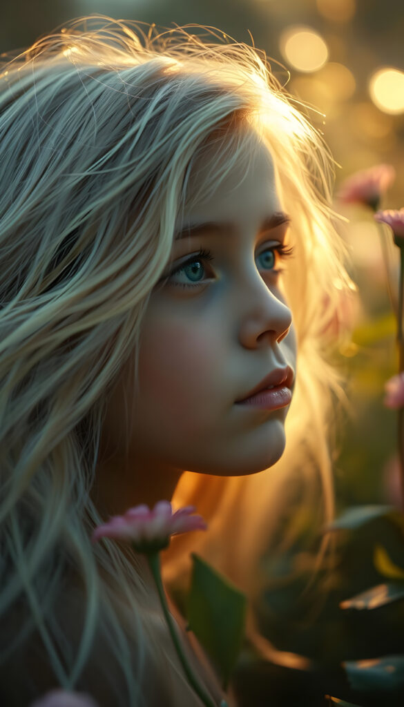 A whimsical scene featuring a young girl with flowing silver hair, her delicate face framed by gentle waves. Her flawless skin glows softly in the warm, golden light that highlights her deep blue, luminous eyes. She gazes dreamily into the distance, surrounded by a lush, ethereal garden with vibrant flowers and softly glowing orbs. The image radiates a serene, magical ambiance with a touch of fairy-tale enchantment, blending soft pastels and rich, warm hues for a captivating, otherworldly effect.
