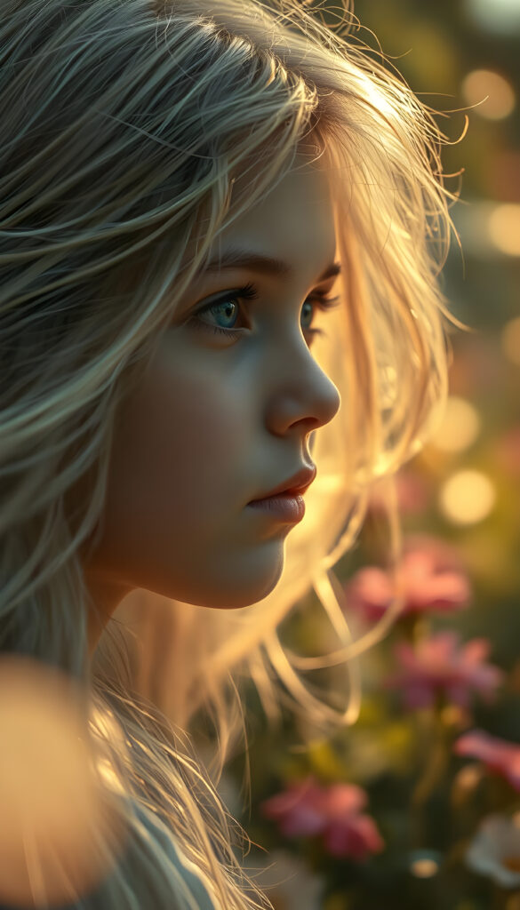 A whimsical scene featuring a young girl with flowing silver hair, her delicate face framed by gentle waves. Her flawless skin glows softly in the warm, golden light that highlights her deep blue, luminous eyes. She gazes dreamily into the distance, surrounded by a lush, ethereal garden with vibrant flowers and softly glowing orbs. The image radiates a serene, magical ambiance with a touch of fairy-tale enchantment, blending soft pastels and rich, warm hues for a captivating, otherworldly effect.