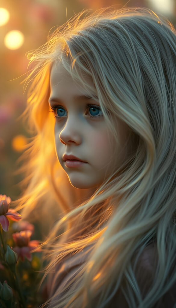 A whimsical scene featuring a young girl with flowing silver hair, her delicate face framed by gentle waves. Her flawless skin glows softly in the warm, golden light that highlights her deep blue, luminous eyes. She gazes dreamily into the distance, surrounded by a lush, ethereal garden with vibrant flowers and softly glowing orbs. The image radiates a serene, magical ambiance with a touch of fairy-tale enchantment, blending soft pastels and rich, warm hues for a captivating, otherworldly effect.