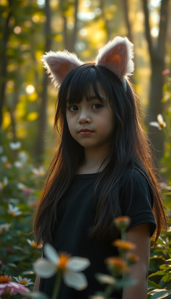 A whimsical young girl with long, flowing black hair adorned with fluffy pink cat ears and sparkles, wearing a simple black t-shirt, stands amidst a magical forest. The scene is bathed in soft, golden sunlight filtering through the canopy, with vibrant flowers and butterflies around her, creating a dreamy, enchanting atmosphere.