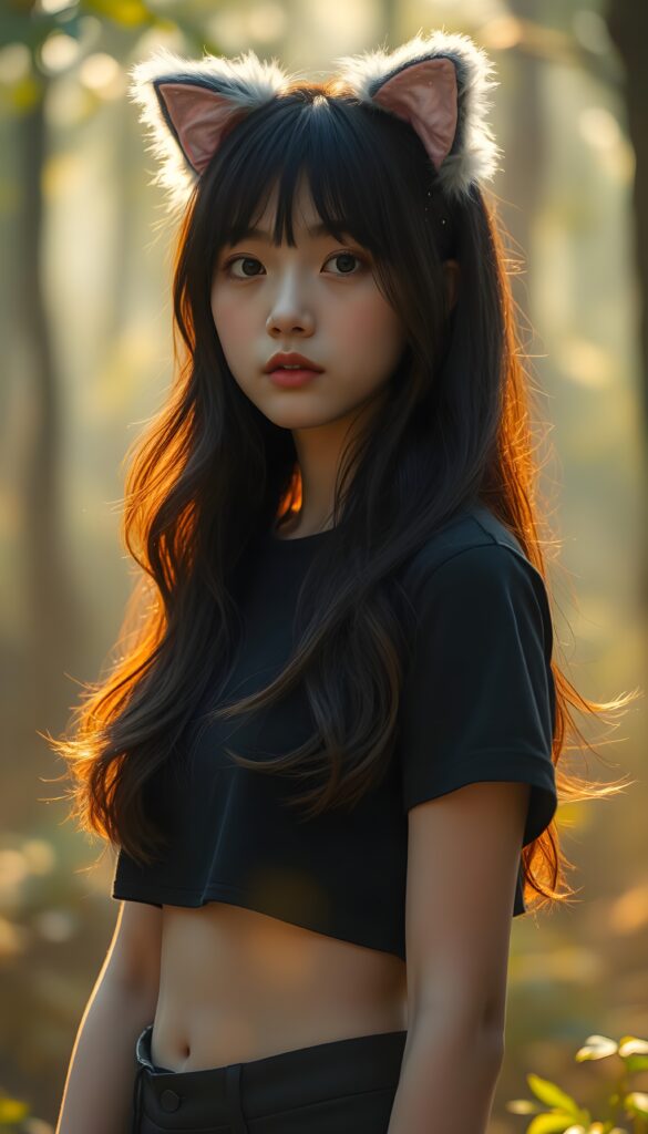 A whimsical young and cute Korean girl with long, wavy straight black hair and brown highlights adorned with fluffy pink cat ears and sparkles, wearing a simple cropped black t-shirt, stands amidst a fogy forest. The scene is bathed in soft, golden sunlight filtering through the canopy, with vibrant aura around her, creating a dreamy, enchanting atmosphere, front view.