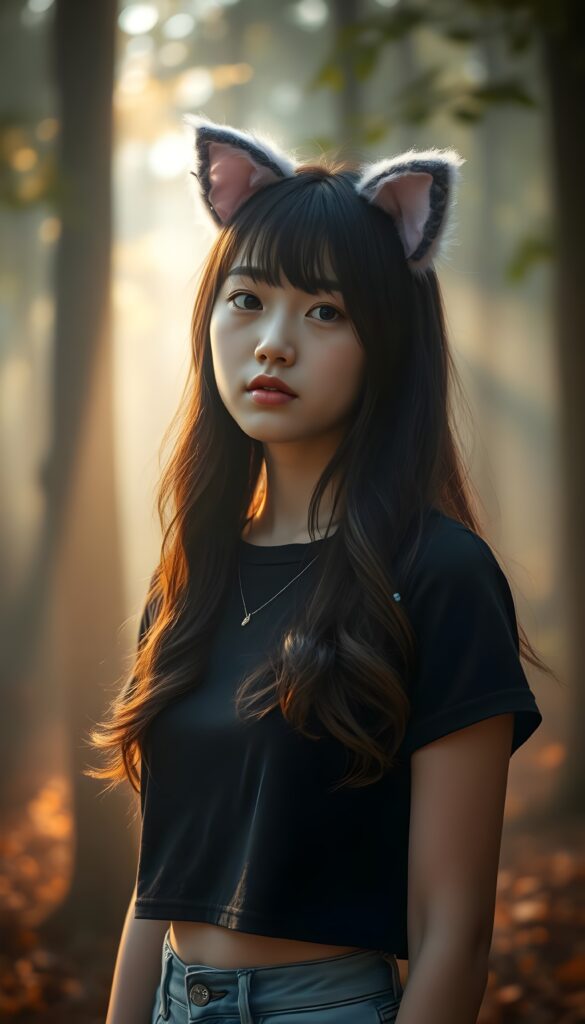 A whimsical young and cute Korean girl with long, wavy straight black hair and brown highlights adorned with fluffy pink cat ears and sparkles, wearing a simple cropped black t-shirt, stands amidst a fogy forest. The scene is bathed in soft, golden sunlight filtering through the canopy, with vibrant aura around her, creating a dreamy, enchanting atmosphere, front view.
