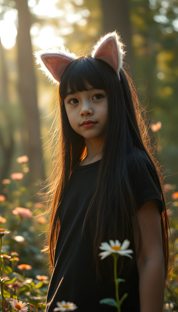 A whimsical young girl with long, flowing black hair adorned with fluffy pink cat ears and sparkles, wearing a simple black t-shirt, stands amidst a magical forest. The scene is bathed in soft, golden sunlight filtering through the canopy, with vibrant flowers and butterflies around her, creating a dreamy, enchanting atmosphere.