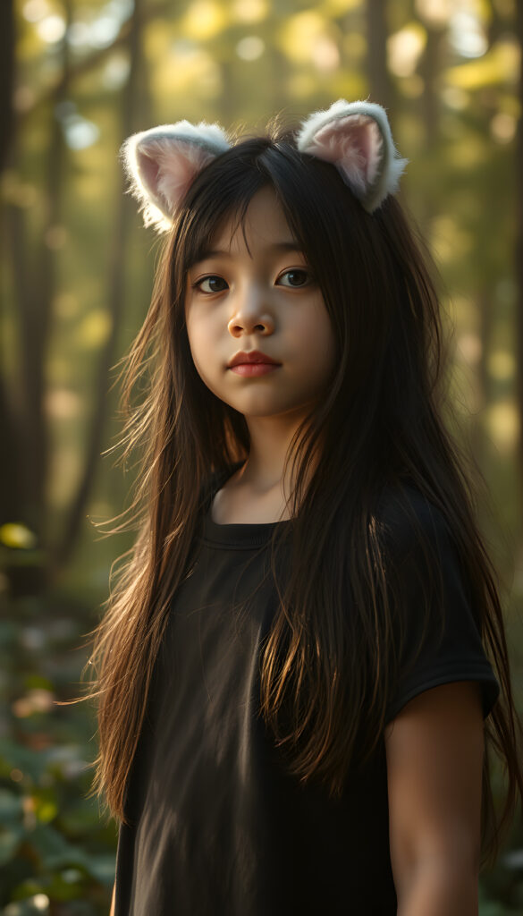 A whimsical young girl with long, flowing black hair adorned with fluffy pink cat ears and sparkles, wearing a simple black t-shirt, stands amidst a magical forest. The scene is bathed in soft, golden sunlight filtering through the canopy, with vibrant flowers and butterflies around her, creating a dreamy, enchanting atmosphere.