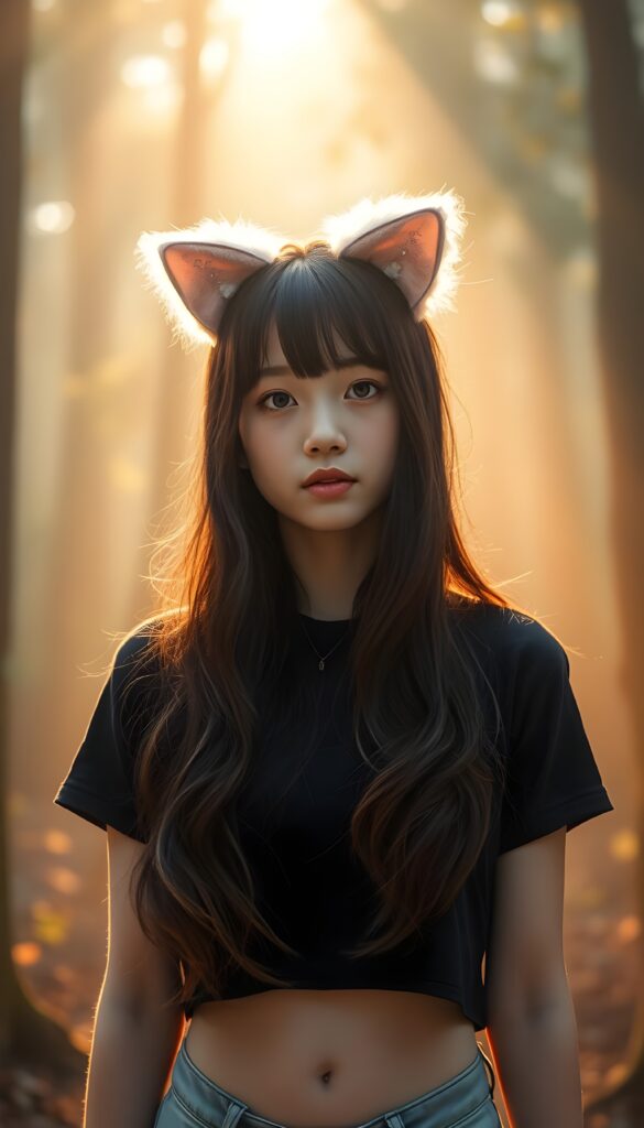 A whimsical young and cute Korean girl with long, wavy straight black hair and brown highlights adorned with fluffy pink cat ears and sparkles, wearing a simple cropped black t-shirt, stands amidst a fogy forest. The scene is bathed in soft, golden sunlight filtering through the canopy, with vibrant aura around her, creating a dreamy, enchanting atmosphere, front view.