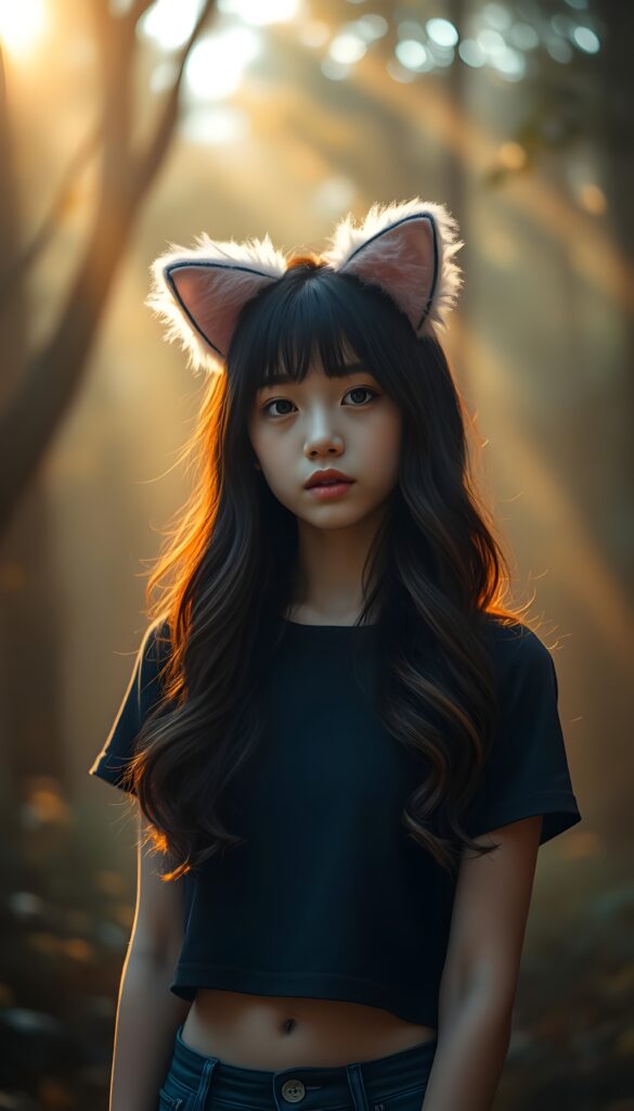 A whimsical young and cute Korean girl with long, wavy straight black hair and brown highlights adorned with fluffy pink cat ears and sparkles, wearing a simple cropped black t-shirt, stands amidst a fogy forest. The scene is bathed in soft, golden sunlight filtering through the canopy, with vibrant aura around her, creating a dreamy, enchanting atmosphere, front view.