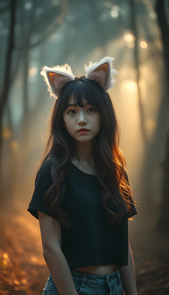 A whimsical young and cute Korean girl with long, wavy straight black hair and brown highlights adorned with fluffy pink cat ears and sparkles, wearing a simple cropped black t-shirt, stands amidst a fogy forest. The scene is bathed in soft, golden sunlight filtering through the canopy, with vibrant aura around her, creating a dreamy, enchanting atmosphere, front view.