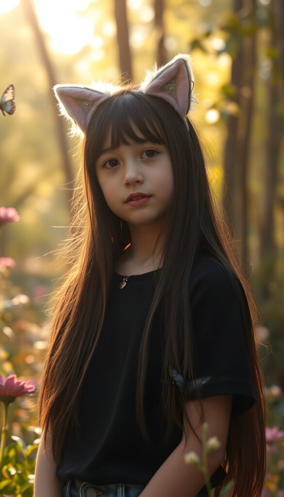 A whimsical young girl with long, flowing black hair adorned with fluffy pink cat ears and sparkles, wearing a simple black t-shirt, stands amidst a magical forest. The scene is bathed in soft, golden sunlight filtering through the canopy, with vibrant flowers and butterflies around her, creating a dreamy, enchanting atmosphere.