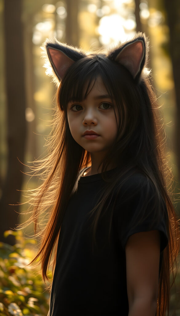 A whimsical young girl with long, flowing black hair adorned with fluffy pink cat ears and sparkles, wearing a simple black t-shirt, stands amidst a magical forest. The scene is bathed in soft, golden sunlight filtering through the canopy, with vibrant flowers and butterflies around her, creating a dreamy, enchanting atmosphere.