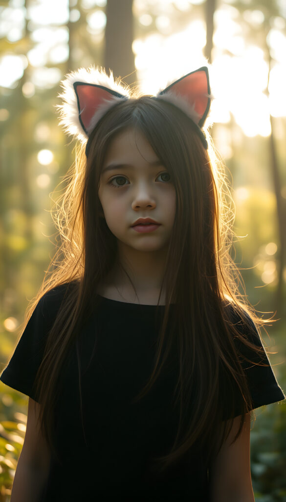 A whimsical young girl with long, flowing black hair adorned with fluffy pink cat ears and sparkles, wearing a simple black t-shirt, stands amidst a magical forest. The scene is bathed in soft, golden sunlight filtering through the canopy, with vibrant flowers and butterflies around her, creating a dreamy, enchanting atmosphere.