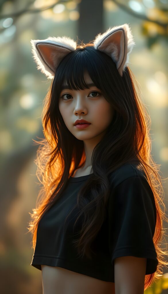 A whimsical young and cute Korean girl with long, wavy straight black hair and brown highlights adorned with fluffy pink cat ears and sparkles, wearing a simple cropped black t-shirt, stands amidst a fogy forest. The scene is bathed in soft, golden sunlight filtering through the canopy, with vibrant aura around her, creating a dreamy, enchanting atmosphere, front view.