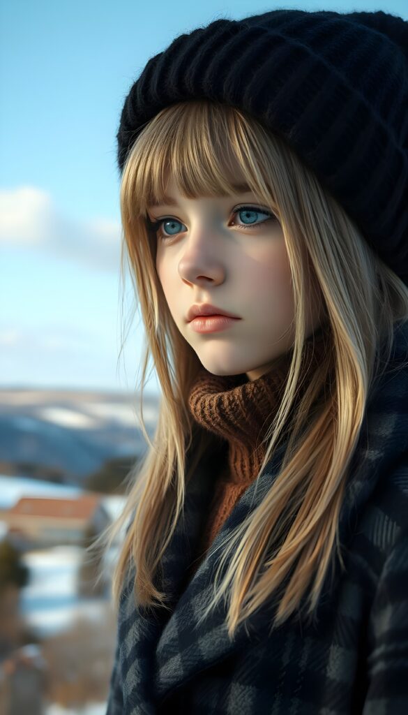 A wonderful masterpiece of an alcohol ink painting shows a young girl with straight blonde soft hair and light brown highlights, her hair reaches down to her shoulders. She has dark doe eyes and wears a black woolen hat. She is wearing a black and gray checkered coat and a fine brown woolen sweater underneath. She is standing in the middle of a winter landscape with trees and hills. The sky is blue with a few white clouds. The picture has a peaceful feel and is in the style of Claude Monet. A wonderful masterpiece of a painting shows a young girl with straight blonde hair and light brown highlights. She has dark doe eyes and wears a black woolen hat. She is wearing a black and gray checkered coat and a fine brown woolen sweater underneath. She is standing in the middle of a winter landscape with trees and hills. The sky is blue with a few white clouds. The picture has a peaceful feel and is in the style of Claude Monet.