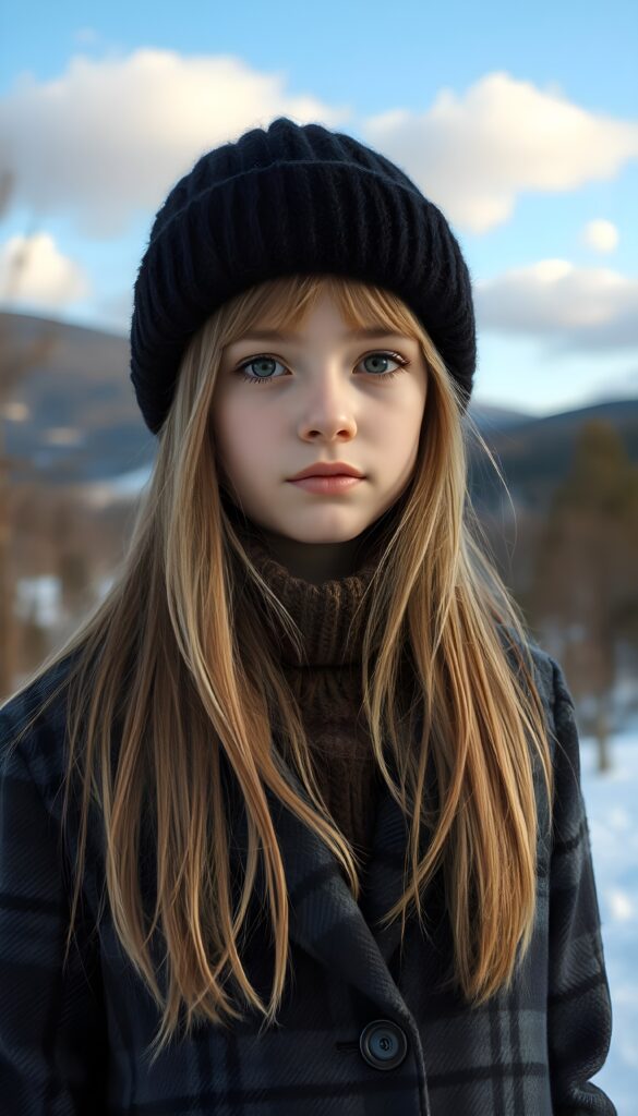 A wonderful masterpiece of an alcohol ink painting shows a young girl with straight blonde soft hair and light brown highlights, her hair reaches down to her shoulders. She has dark doe eyes and wears a black woolen hat. She is wearing a black and gray checkered coat and a fine brown woolen sweater underneath. She is standing in the middle of a winter landscape with trees and hills. The sky is blue with a few white clouds. The picture has a peaceful feel and is in the style of Claude Monet. A wonderful masterpiece of a painting shows a young girl with straight blonde hair and light brown highlights. She has dark doe eyes and wears a black woolen hat. She is wearing a black and gray checkered coat and a fine brown woolen sweater underneath. She is standing in the middle of a winter landscape with trees and hills. The sky is blue with a few white clouds. The picture has a peaceful feel and is in the style of Claude Monet.
