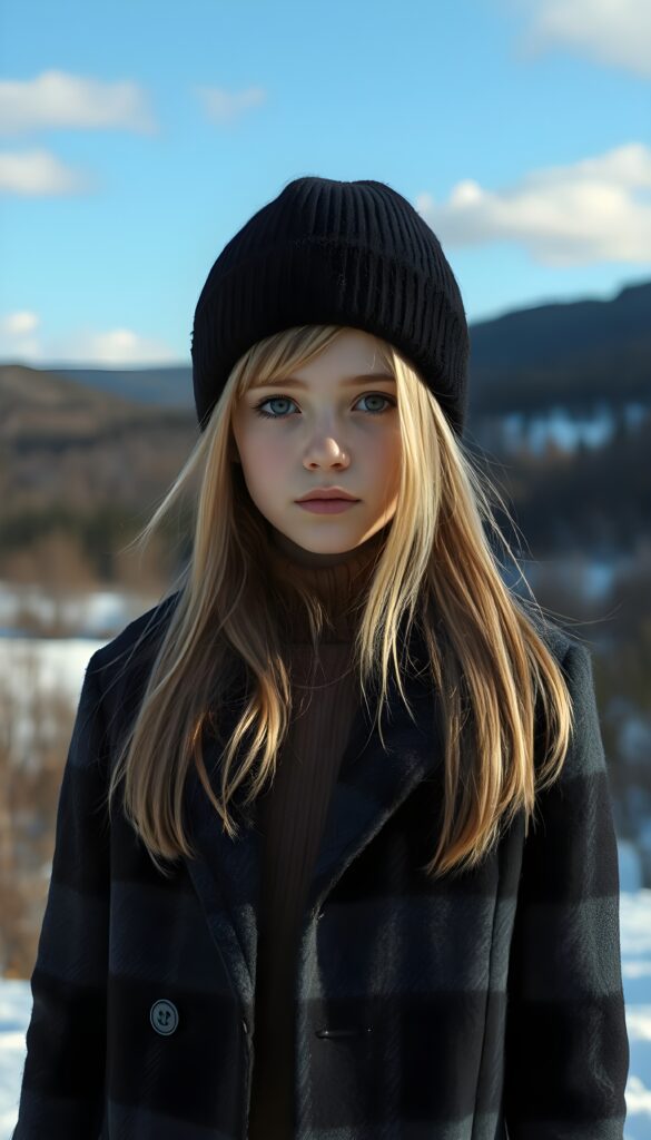 A wonderful masterpiece of an alcohol ink painting shows a young girl with straight blonde soft hair and light brown highlights, her hair reaches down to her shoulders. She has dark doe eyes and wears a black woolen hat. She is wearing a black and gray checkered coat and a fine brown woolen sweater underneath. She is standing in the middle of a winter landscape with trees and hills. The sky is blue with a few white clouds. The picture has a peaceful feel and is in the style of Claude Monet. A wonderful masterpiece of a painting shows a young girl with straight blonde hair and light brown highlights. She has dark doe eyes and wears a black woolen hat. She is wearing a black and gray checkered coat and a fine brown woolen sweater underneath. She is standing in the middle of a winter landscape with trees and hills. The sky is blue with a few white clouds. The picture has a peaceful feel and is in the style of Claude Monet.