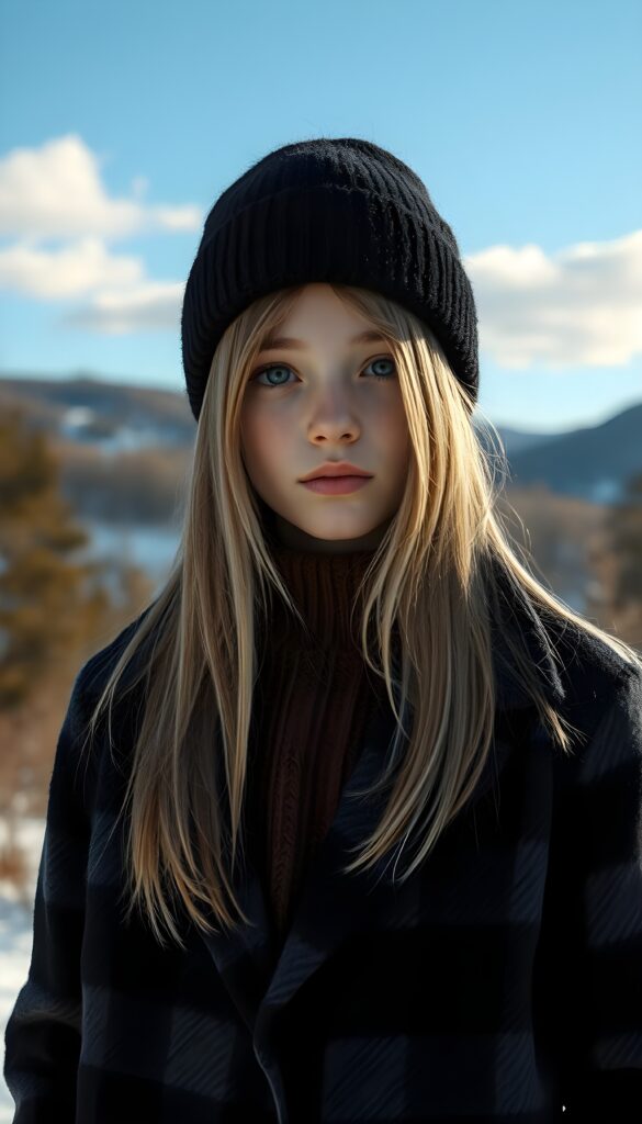 A wonderful masterpiece of an alcohol ink painting shows a young girl with straight blonde soft hair and light brown highlights, her hair reaches down to her shoulders. She has dark doe eyes and wears a black woolen hat. She is wearing a black and gray checkered coat and a fine brown woolen sweater underneath. She is standing in the middle of a winter landscape with trees and hills. The sky is blue with a few white clouds. The picture has a peaceful feel and is in the style of Claude Monet. A wonderful masterpiece of a painting shows a young girl with straight blonde hair and light brown highlights. She has dark doe eyes and wears a black woolen hat. She is wearing a black and gray checkered coat and a fine brown woolen sweater underneath. She is standing in the middle of a winter landscape with trees and hills. The sky is blue with a few white clouds. The picture has a peaceful feel and is in the style of Claude Monet.