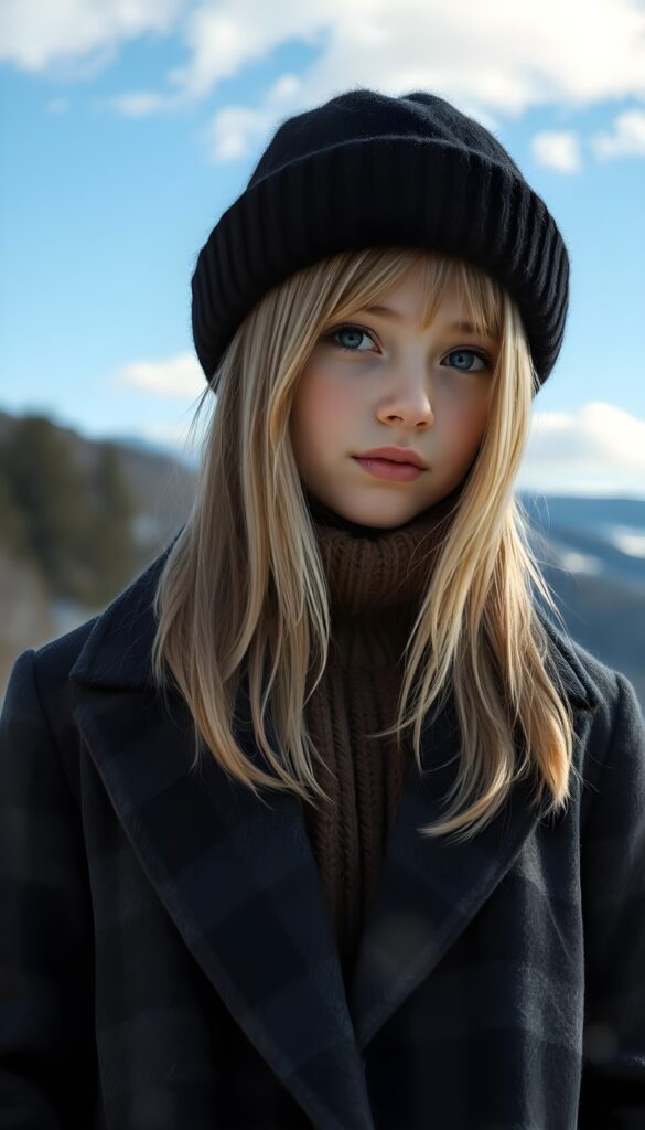 A wonderful masterpiece of an alcohol ink painting shows a young girl with straight blonde soft hair and light brown highlights, her hair reaches down to her shoulders. She has dark doe eyes and wears a black woolen hat. She is wearing a black and gray checkered coat and a fine brown woolen sweater underneath. She is standing in the middle of a winter landscape with trees and hills. The sky is blue with a few white clouds. The picture has a peaceful feel and is in the style of Claude Monet. A wonderful masterpiece of a painting shows a young girl with straight blonde hair and light brown highlights. She has dark doe eyes and wears a black woolen hat. She is wearing a black and gray checkered coat and a fine brown woolen sweater underneath. She is standing in the middle of a winter landscape with trees and hills. The sky is blue with a few white clouds. The picture has a peaceful feel and is in the style of Claude Monet.