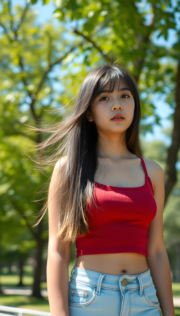 A young, 18-year-old girl with a perfect female fit body, wearing a cropped red tank top, and long straight hair with bangs, standing in a vibrant, sunlit park with lush green trees and a clear blue sky in the background, her shoulder length straight hair gently blowing in the breeze, creating a dynamic and lively scene.