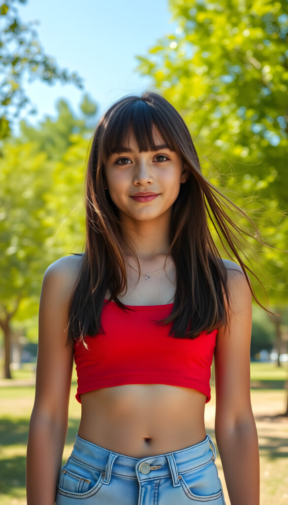 A young, 18-year-old girl with a perfect female fit body, wearing a cropped red tank top, and long straight hair with bangs, standing in a vibrant, sunlit park with lush green trees and a clear blue sky in the background, her shoulder length straight hair gently blowing in the breeze, creating a dynamic and lively scene.