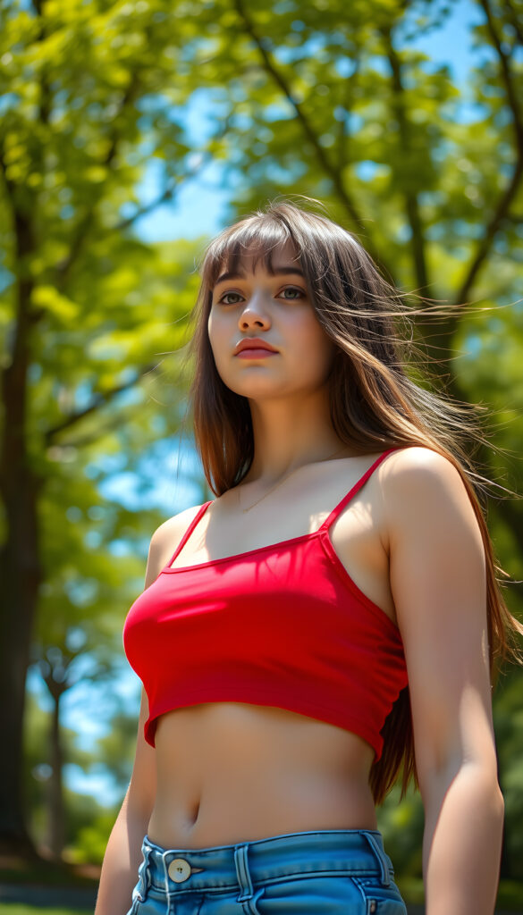 A young, 18-year-old girl with a perfect female fit body, wearing a cropped red tank top, and long straight hair with bangs, standing in a vibrant, sunlit park with lush green trees and a clear blue sky in the background, her shoulder length straight hair gently blowing in the breeze, creating a dynamic and lively scene.