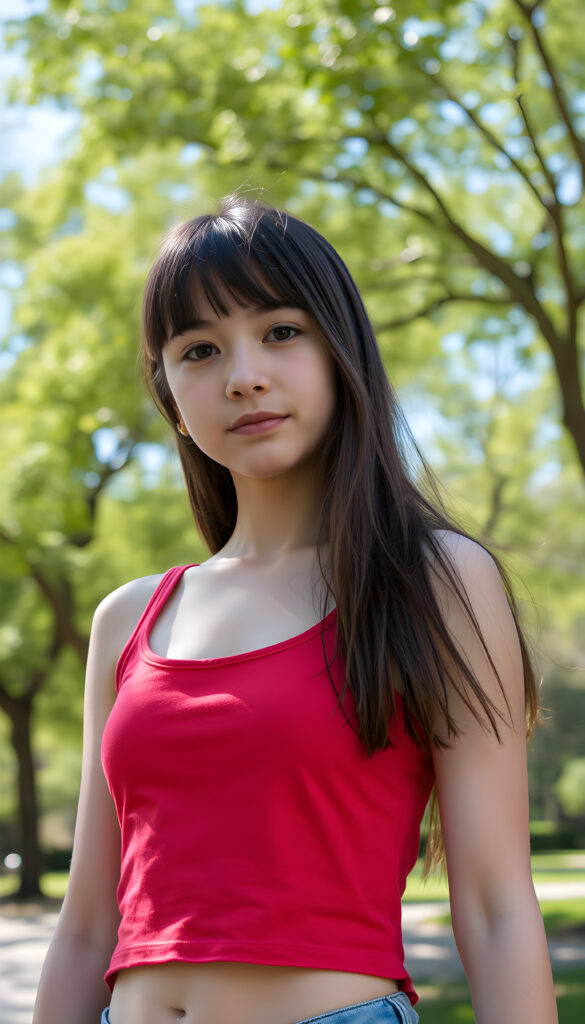 A young, 18-year-old girl with a perfect female fit body, wearing a cropped red tank top, and long straight hair with bangs, standing in a vibrant, sunlit park with lush green trees and a clear blue sky in the background, her shoulder length straight hair gently blowing in the breeze, creating a dynamic and lively scene.