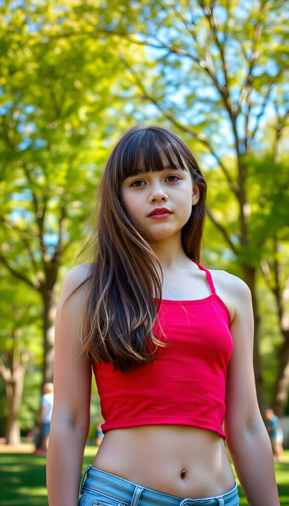 A young, 18-year-old girl with a perfect female fit body, wearing a cropped red tank top, and long straight hair with bangs, standing in a vibrant, sunlit park with lush green trees and a clear blue sky in the background, her shoulder length straight hair gently blowing in the breeze, creating a dynamic and lively scene.