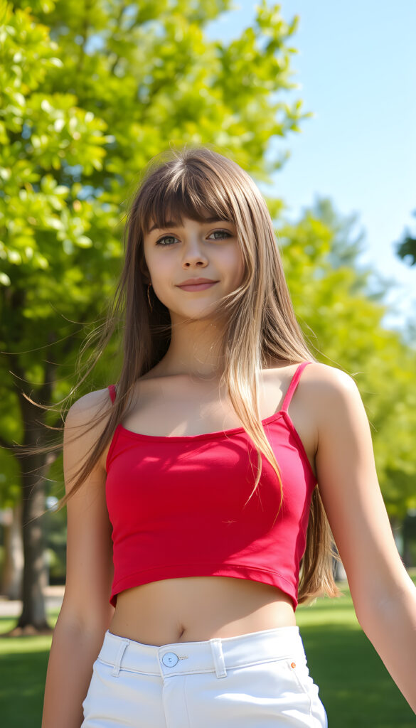 A young, 18-year-old girl with a perfect female fit body, wearing a cropped red tank top, and long straight hair with bangs, standing in a vibrant, sunlit park with lush green trees and a clear blue sky in the background, her shoulder length straight hair gently blowing in the breeze, creating a dynamic and lively scene.