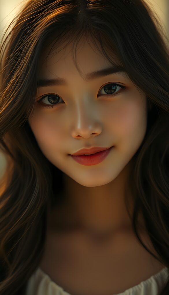 A young Asian girl with long, wavy black hair and brown highlights, porcelain skin, and striking black eyes that sparkle under soft, warm lighting. She gazes directly at the viewer with a gentle, knowing expression, blending innocence and quiet confidence. Her full, rosy lips hint at a subtle smile, and her white teeth are dazzling. The composition is balanced, with the girl's face centered. Warm light and colors.
