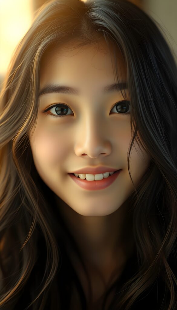 A young Asian girl with long, wavy black hair and brown highlights, porcelain skin, and striking black eyes that sparkle under soft, warm lighting. She gazes directly at the viewer with a gentle, knowing expression, blending innocence and quiet confidence. Her full, rosy lips hint at a subtle smile, and her white teeth are dazzling. The composition is balanced, with the girl's face centered. Warm light and colors.