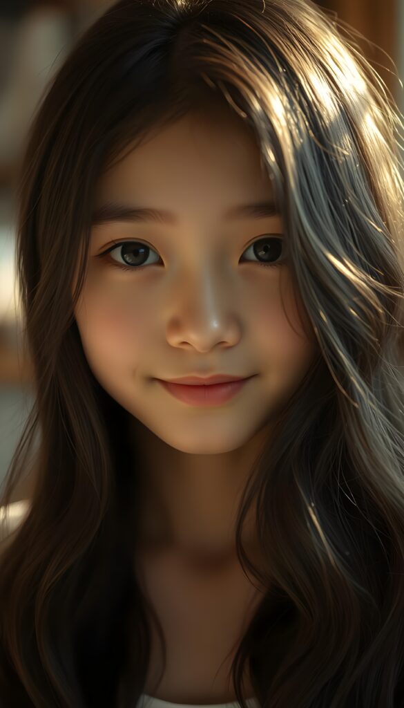 A young Asian girl with long, wavy black hair and brown highlights, porcelain skin, and striking black eyes that sparkle under soft, warm lighting. She gazes directly at the viewer with a gentle, knowing expression, blending innocence and quiet confidence. Her full, rosy lips hint at a subtle smile, and her white teeth are dazzling. The composition is balanced, with the girl's face centered. Warm light and colors.