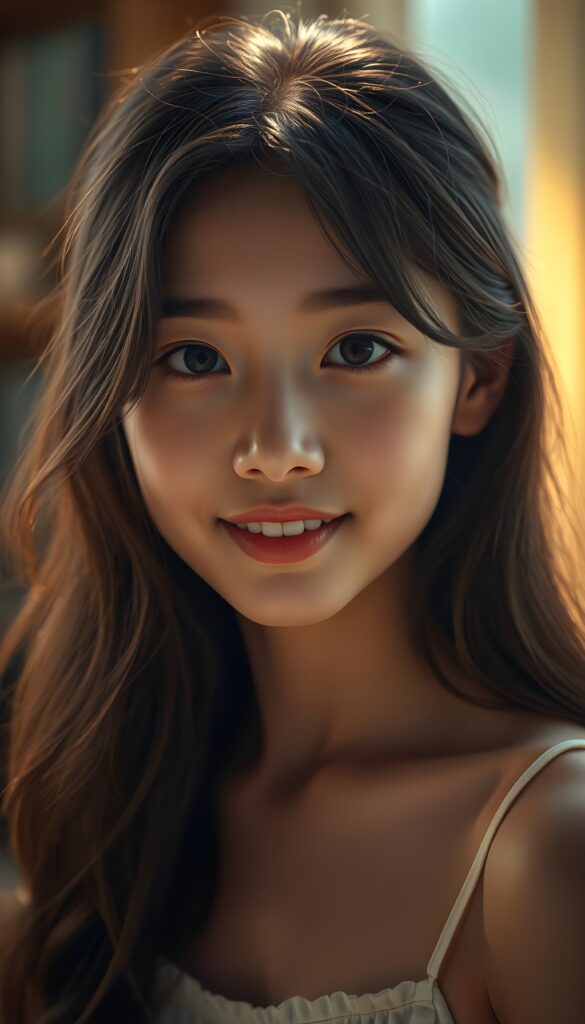 A young Asian girl with long, wavy black hair and brown highlights, porcelain skin, and striking black eyes that sparkle under soft, warm lighting. She gazes directly at the viewer with a gentle, knowing expression, blending innocence and quiet confidence. Her full, rosy lips hint at a subtle smile, and her white teeth are dazzling. The composition is balanced, with the girl's face centered. Warm light and colors.