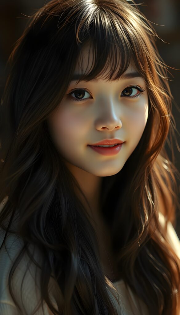 A young Asian girl with long, wavy black hair and brown highlights, porcelain skin, and striking black eyes that sparkle under soft, warm lighting. She gazes directly at the viewer with a gentle, knowing expression, blending innocence and quiet confidence. Her full, rosy lips hint at a subtle smile, and her white teeth are dazzling. The composition is balanced, with the girl's face centered. Warm light and colors.