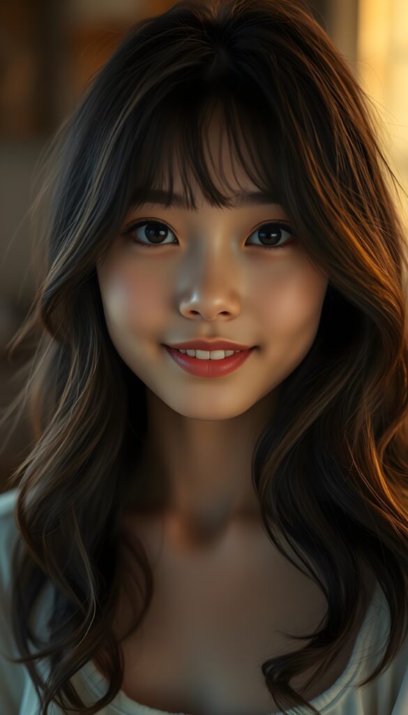 A young Asian girl with long, wavy black hair and brown highlights, porcelain skin, and striking black eyes that sparkle under soft, warm lighting. She gazes directly at the viewer with a gentle, knowing expression, blending innocence and quiet confidence. Her full, rosy lips hint at a subtle smile, and her white teeth are dazzling. The composition is balanced, with the girl's face centered. Warm light and colors.