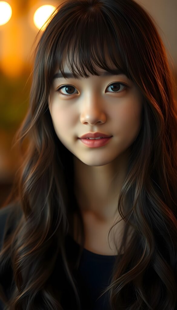 A young Asian girl with long, wavy black hair and brown highlights, porcelain skin, and striking black eyes that sparkle under soft, warm lighting. She gazes directly at the viewer with a gentle, knowing expression, blending innocence and quiet confidence. Her full, rosy lips hint at a subtle smile, and her white teeth are dazzling. The composition is balanced, with the girl's face centered. Warm light and colors.