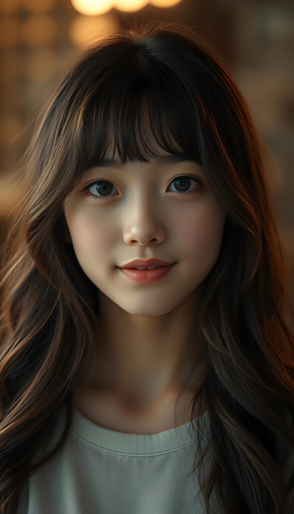 A young Asian girl with long, wavy black hair and brown highlights, porcelain skin, and striking black eyes that sparkle under soft, warm lighting. She gazes directly at the viewer with a gentle, knowing expression, blending innocence and quiet confidence. Her full, rosy lips hint at a subtle smile, and her white teeth are dazzling. The composition is balanced, with the girl's face centered. Warm light and colors.